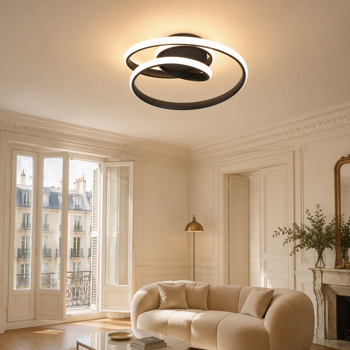 Lemlit - LED Plafondlamp 37W, Moderne Plafonnière, Spiraal Ringlamp, 3000K Warm Wit, 4500 lm, 30x30x8,5 cm, voor Woonkamer Keuken - Zandzwart