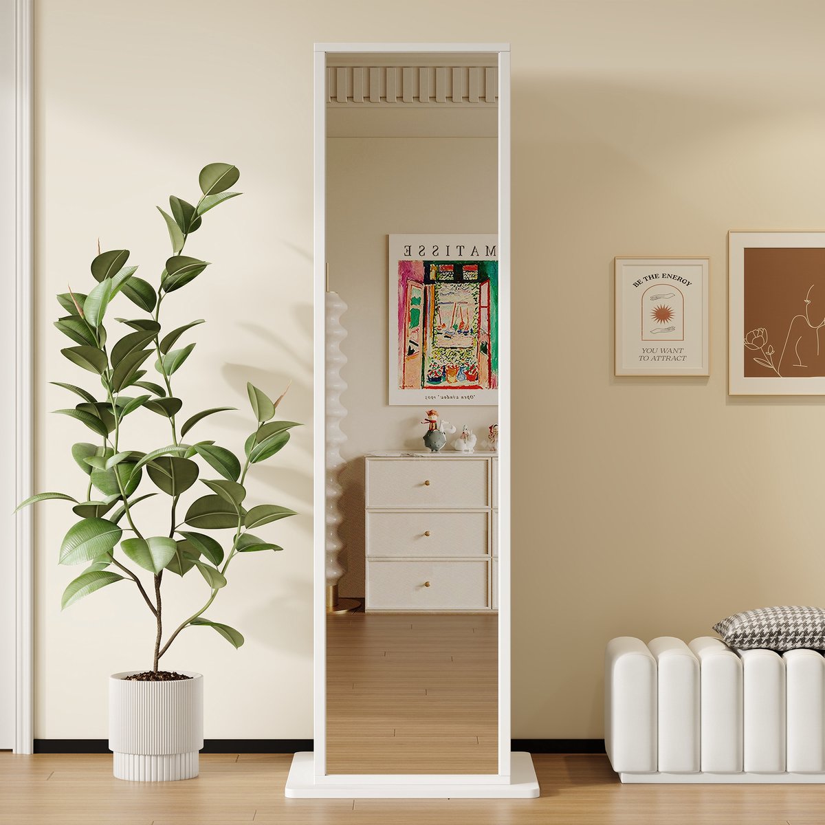 VVBV Vitrinekast 45x45x168 cm - Met Spiegel, Opbergruimte, Met Lades, Met Planken - Wit, MDF