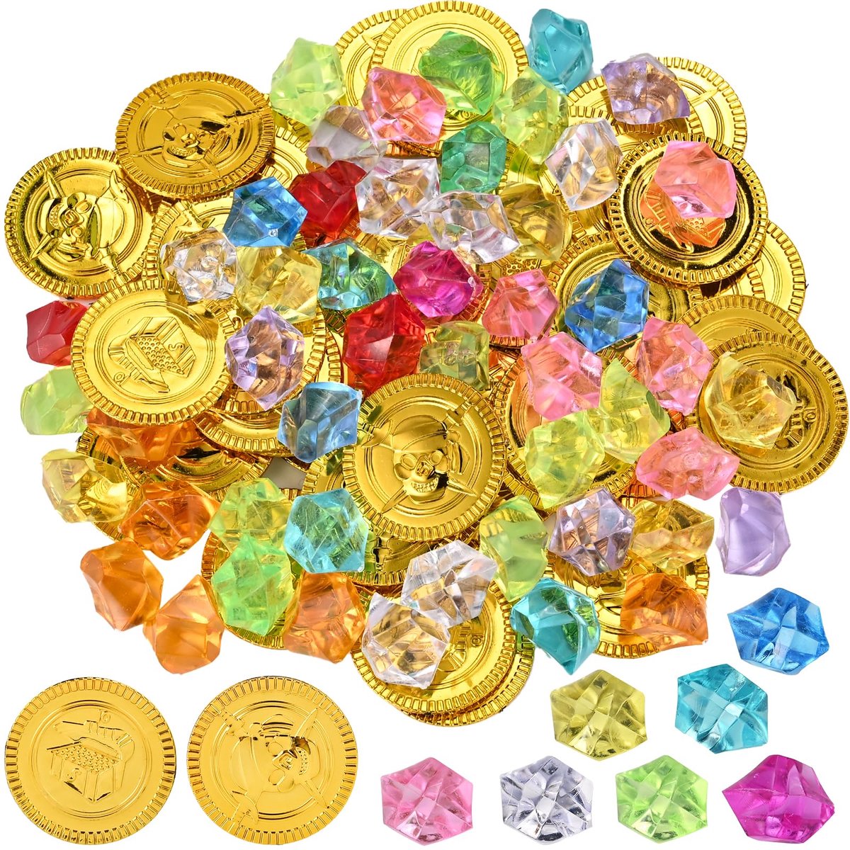 Piraatenschatzset met 100 Stuk: 50 Gouden Munten en 50 Edelstenen