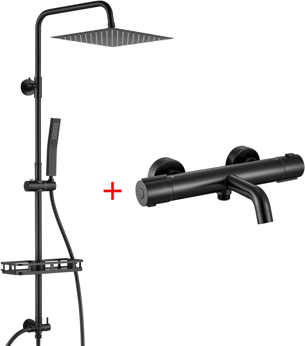 Auralum Max Douchesysteem met Thermostaat - 10 inch Douchekop - Doucheset - Regendouche en Handdouche - Inclusief Thermostatische Badkraan en Plankje - Regendoucheset - Waterbesparend - Zwart