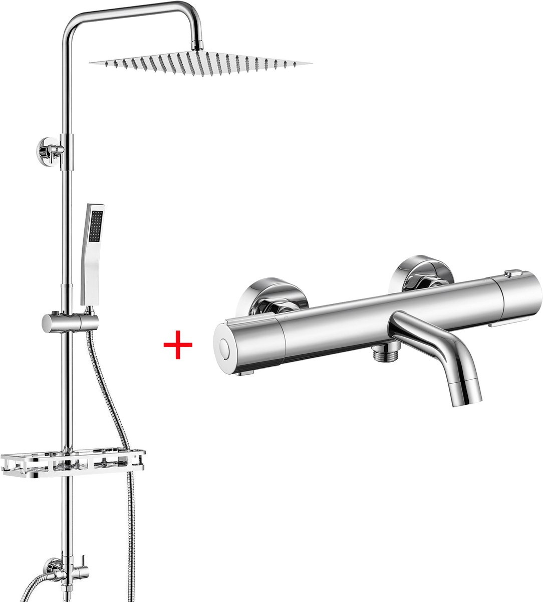 Auralum Max Douchesysteem met Thermostaat - 10 inch Douchekop - Doucheset - Regendouche en Handdouche - Inclusief Thermostatische Badkraan en Plankje - Regendoucheset - Waterbesparend - Chroom