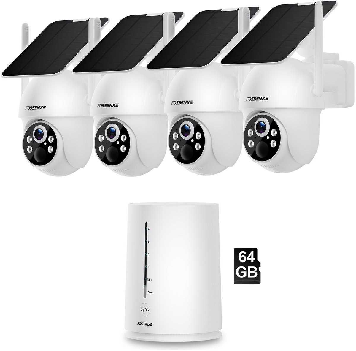 4-Pack FOSSENXE 4MP Solar WiFi Beveiligingscamera– Geen Abonnementskosten, PTZ 360°, IP66, Kleurenachtzicht – Zwart