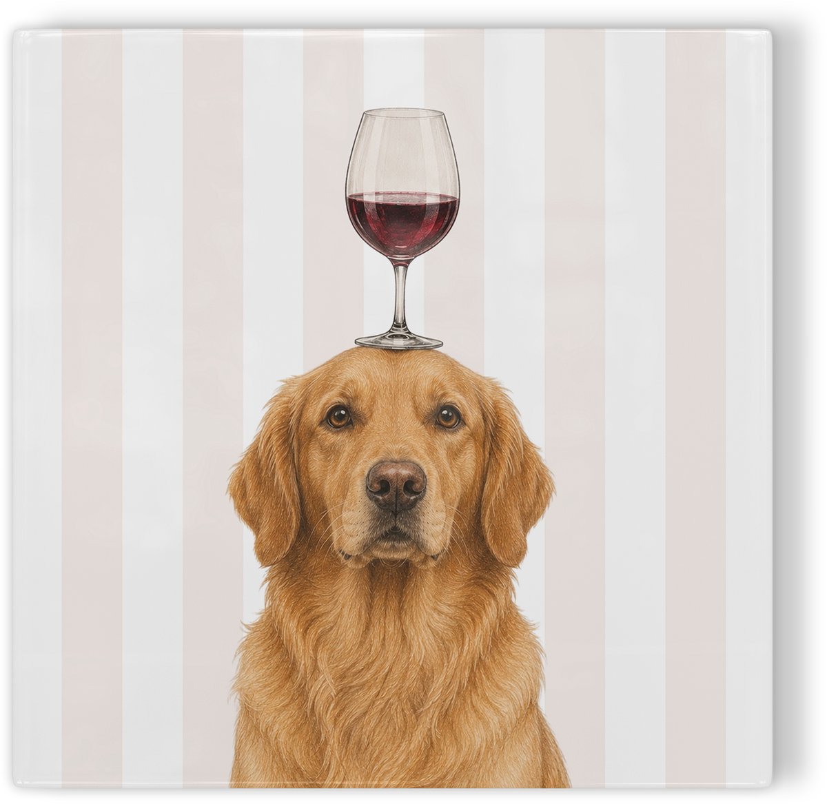 Tegeltje Golden Retriever met wijnglas - beige wit gestreept - tegeltje hond - tegeltje met illustratie