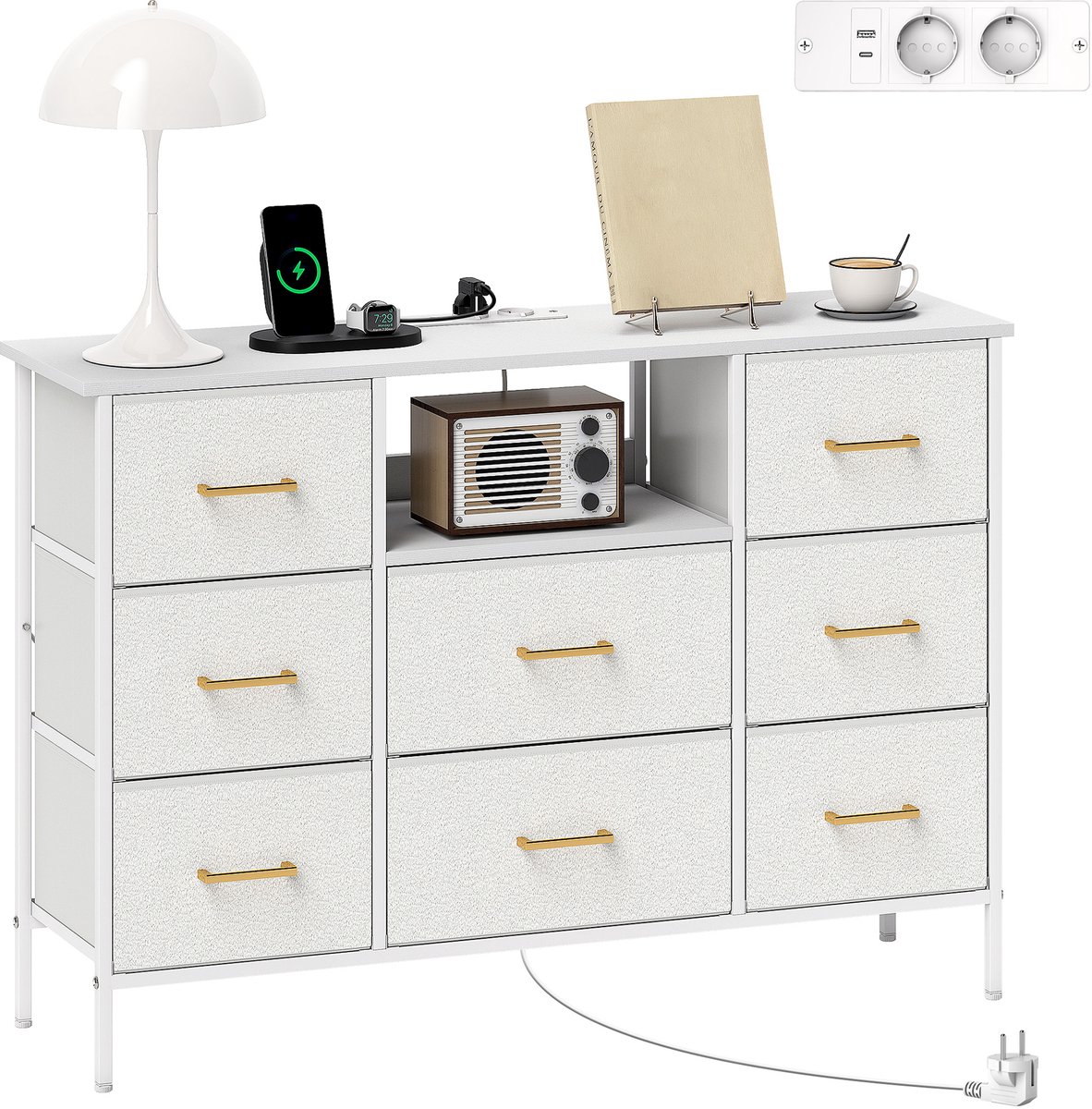 Opbergkast met 8 stoffen lades — voorzien van 2 stopcontacten — stalen frame — 110 x 30 x 76 cm — crèmekleurig