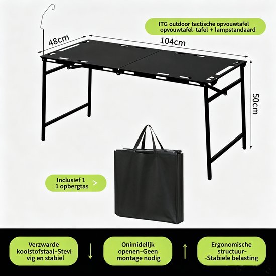 Hydraulisch/pneumatisch inklapbare barbecuetafel + lampenstandaard geschikt voor buitengebruik afmetingen 104*48*50 cm Draagbare campingtafel lichtgewicht metalen barbecuetafel geschikt voor kamperen picknicks en barbecues zwart — afbeelding 3