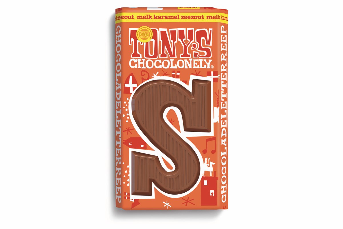 Tony's Chocolonely - Chocoladeletter - Melk Karamel Zeezout - Sinterklaas - Schoencadeautjes - Sint Cadeau - 90 Gram - Fairtrade Belgische Chocola
