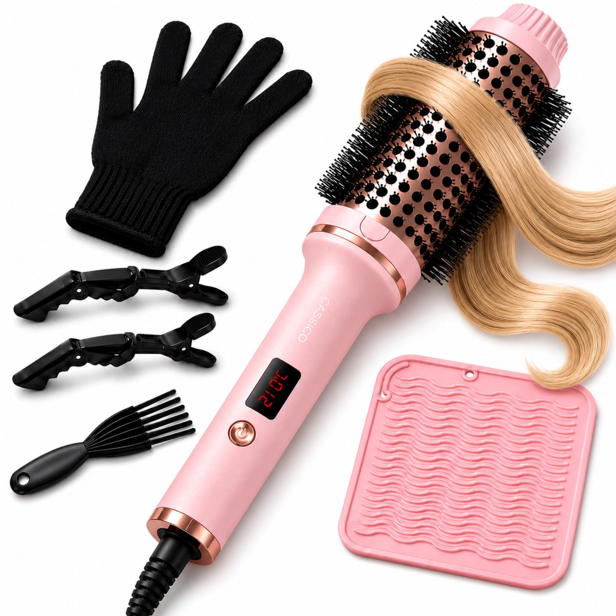 CASSICO® Thermal Brush - Keramische Warmteborstel - Krulborstel Hitte Borstel in 1 - Krultang - Fohnborstel en Airstyler Alternatief - Roze - Incl. Accessoires