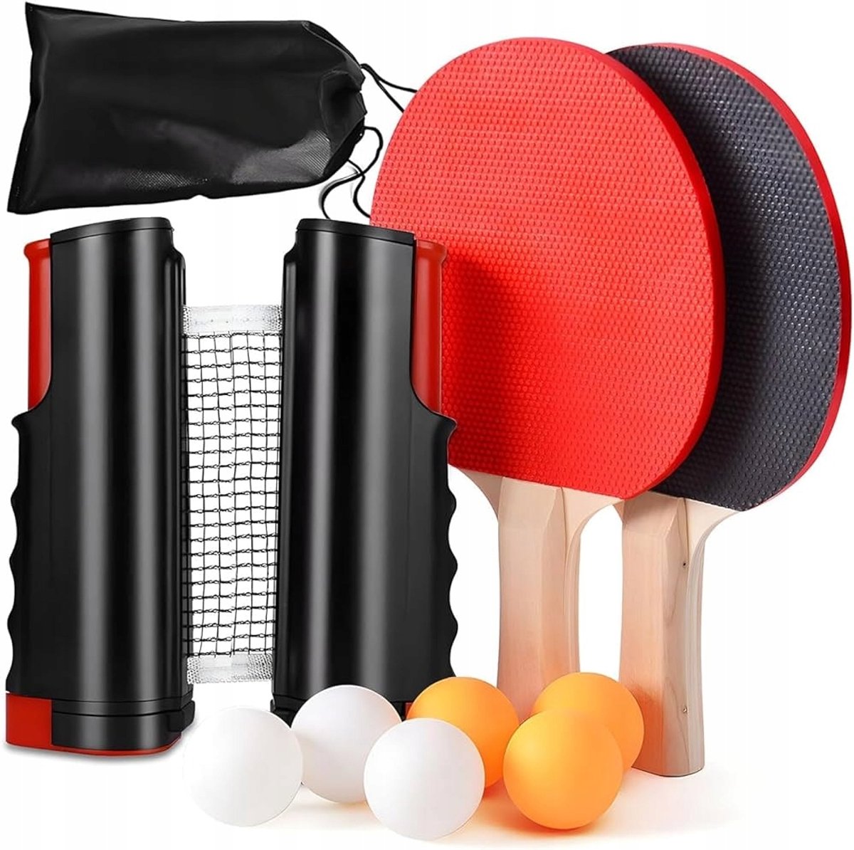 Complete Tafeltennis Set: 2 Batjes, 6 Ballen, Uitschuifbaar Net & Tas