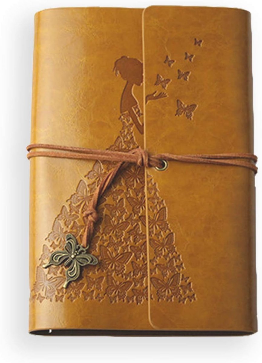 Retro notitieboek, leer, dagboek, reisdagboek, navulbaar, dagboek, klassiek reliëf, schetsboek, cadeau voor mannen, vrouwen, kinderen, jongens, student, 80 vellen, 18,5 x 12 cm, geel