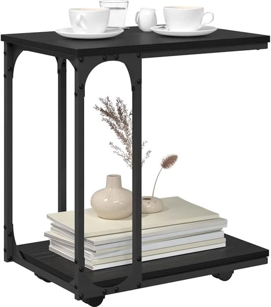 Bijzettafel met wielen in eikenlook, 50 x 35 x 55,5 cm, zwart, met plank en opbergruimte, gepoedercoat metalen frame, houtmateriaal, voor woonkamer — afbeelding 4