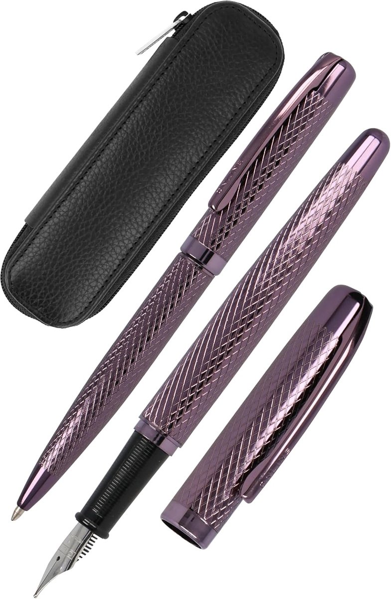 Eleganza Diamond Wine Schrijfset, bevat balpen, vulpen, echt lederen etui, 3-delig, in geschenkdoos, vulpen voor standaardpatronen, pen met grote vulling G2