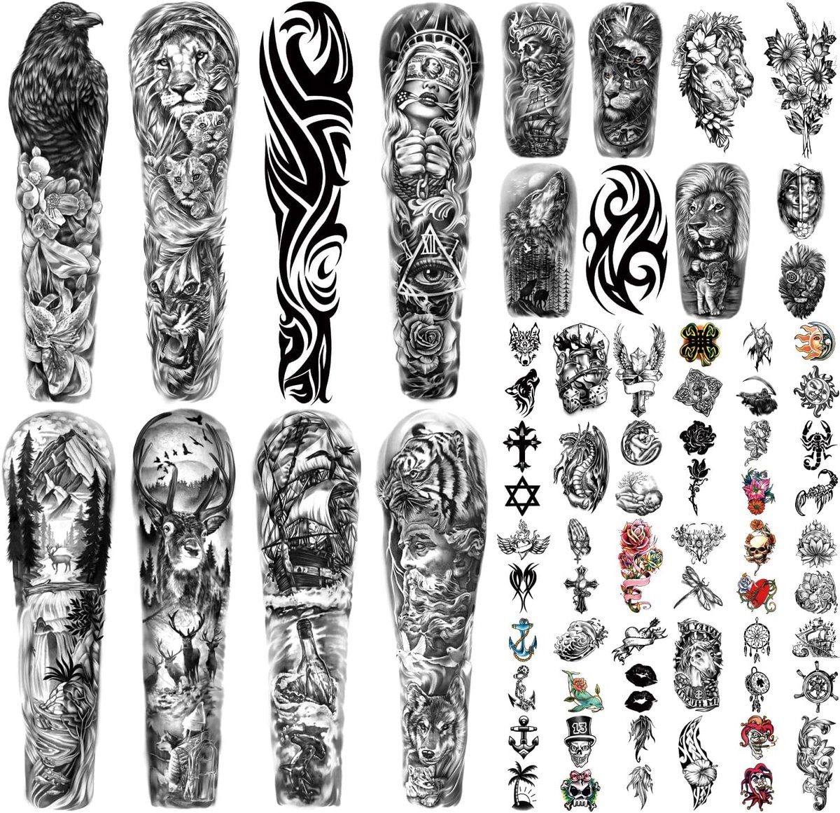 46 Vellen Grote Volledige Arm Waterdichte Realistische Tijdelijke Tattoo Voor Mannen En Vrouwen, Elanden Herten Adelaar Leeuw Wolf Tijger Totem Schorpioen Tattoos Zijn Geschikt Voor Arm Been Gezicht