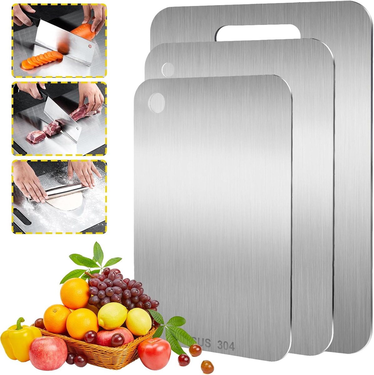 3 stuks snijplank roestvrij staal, titanium snijplank, dubbelzijdige snijplank metaal, roestvrij staal snijplank, voor vlees, brood, groenten en fruit (34 x 23 cm, 29 x 20 cm, 25 x 15 cm)