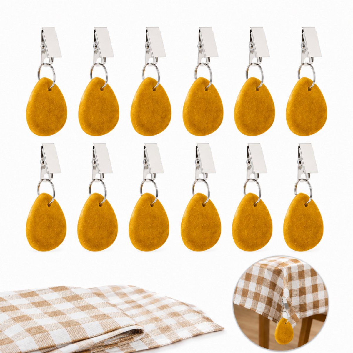 Tafelgewichtjes - Tafelkleed Gewichtjes Zwaar - Tafelkleed Gewichtjes voor Buiten - Set van 12 - Verzwaarde Tafelkleedhangers van Natuurlijk Marmer met Sterke RVS Klemmen - Windbestendige Tafelkleedgewichtjes voor Tuin, Picknick en Barbecue -geel