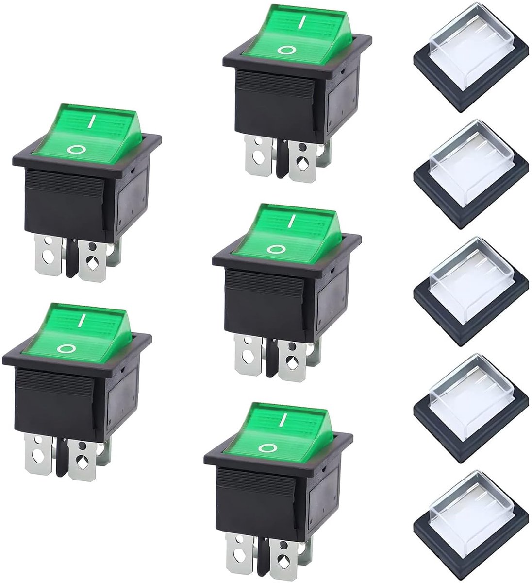 5pcs 4 Pin Rocker Switch Green Light Waterproof Switch AC 250V 16A 125V 20A ON/OFF with Waterproof Cover Toggle Switches for Electrical Machine Products