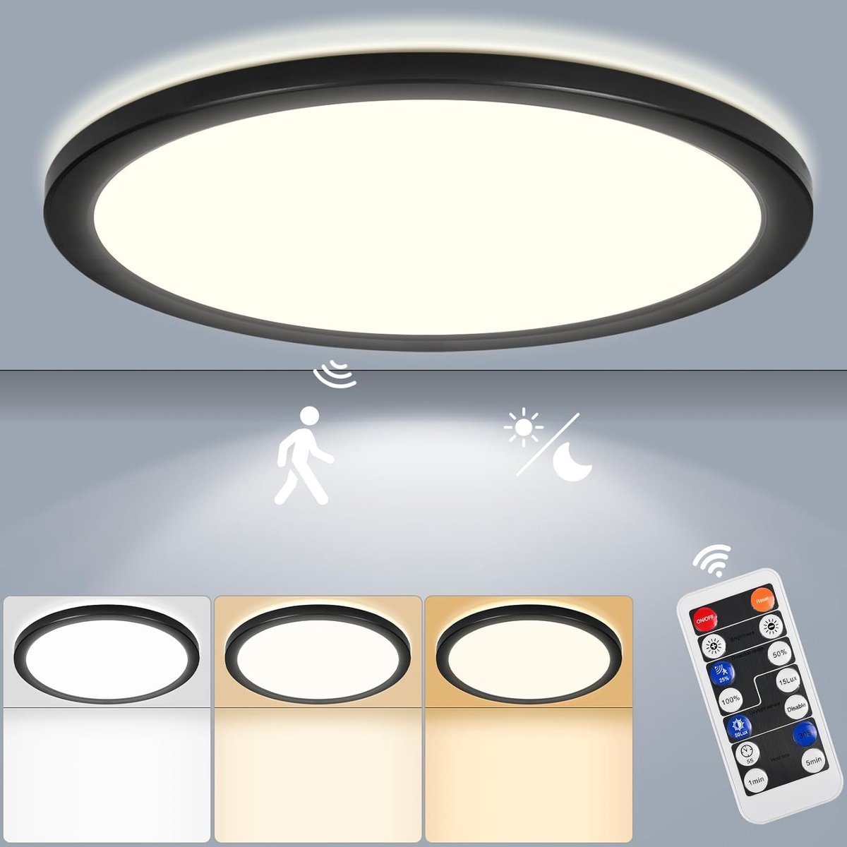 LED plafondlamp met radar bewegingsmelder, 24W 2650lm plafondlamp plat met afstandsbediening, bewegingssensor, voor badkamer, hal, trap, toilet, garage, kelder, balkon Ø30x2.5cm Rond zwart