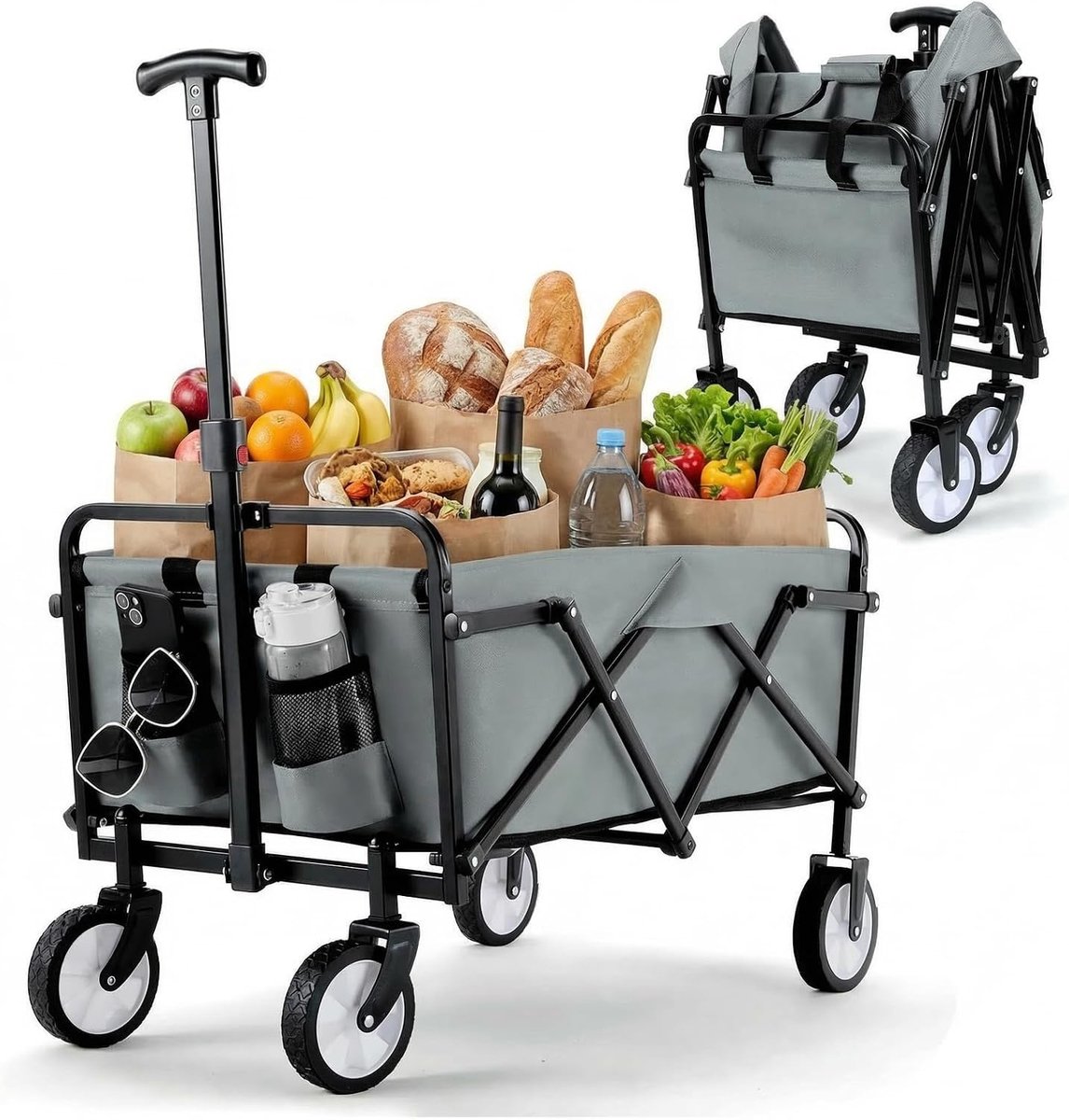 Opvouwbare handwagen, all-terrain wielen, tuinwagen met bekerhouder, verstelbare handgreep, transportwagen, inklapbaar, strandwagen, tuinwagen, winkelwagen, camping (grijs)