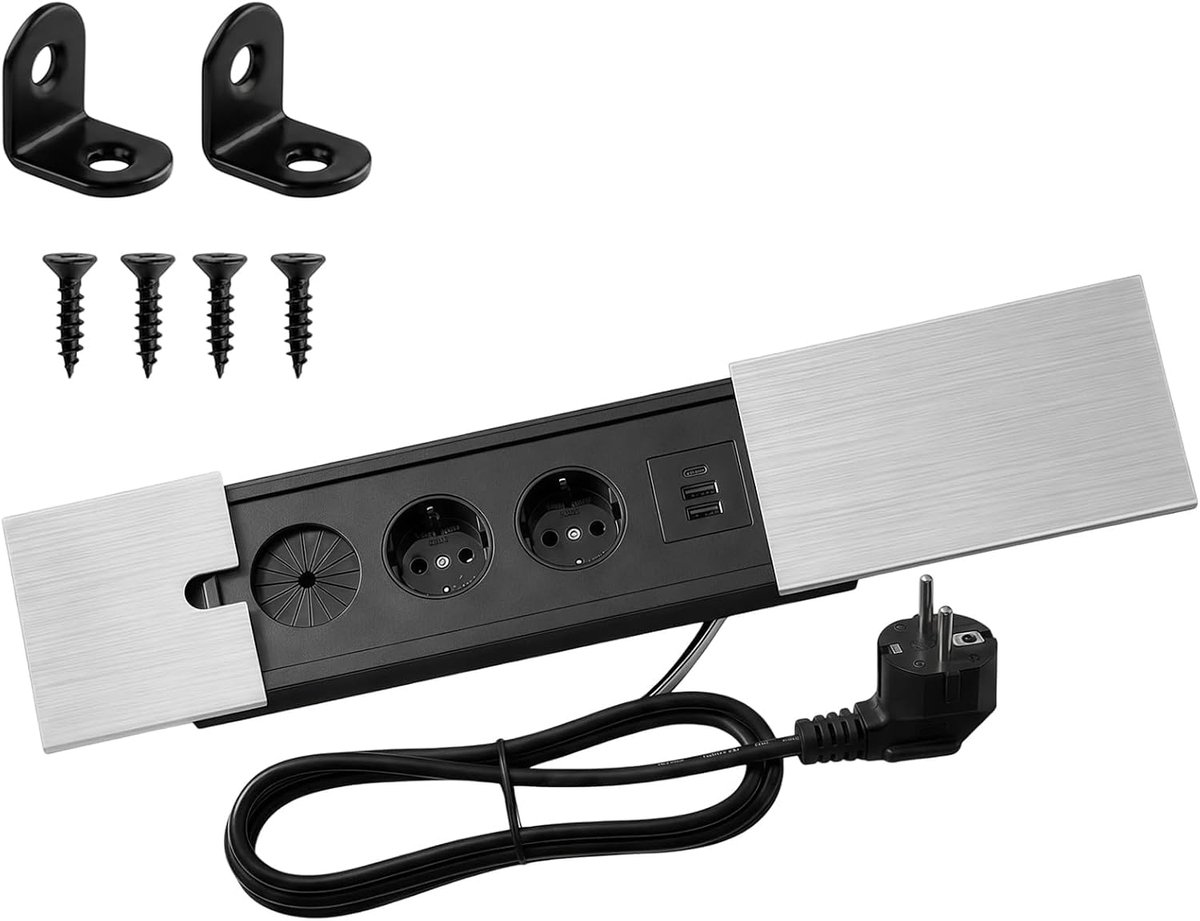 Uitschuifbaar, 2 EU + USB, 1.7m, zilver, voor werkblad | Pop-up design; voor keuken en kantoor; eenvoudig te monteren.
