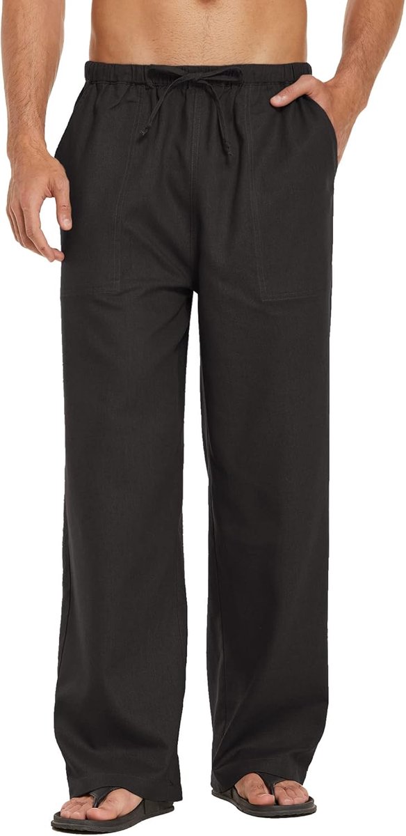 Linnen broek heren met trekkoord herenbroek lichte zomerbroek vrijetijdsbroek effen linnen broek met zakken, zwart, S