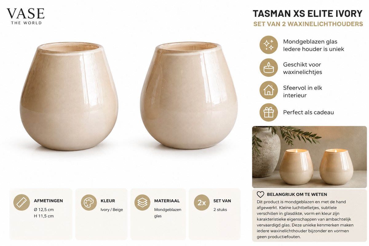 Vase The World Tasman XS Elite Ivory Ø12,5 x H11,5 cm - Set van 2 Waxinelichthouders - Mondgeblazen Glas