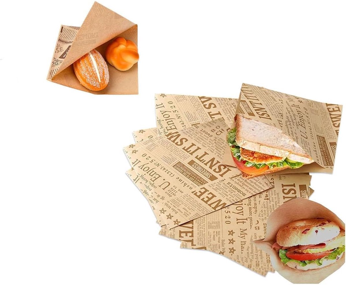 100 vellen papieren hamburgerzakjes, papieren zakken voor hamburgers, sandwiches, antiaanbaklaag, voor friet, 18 x 18 cm