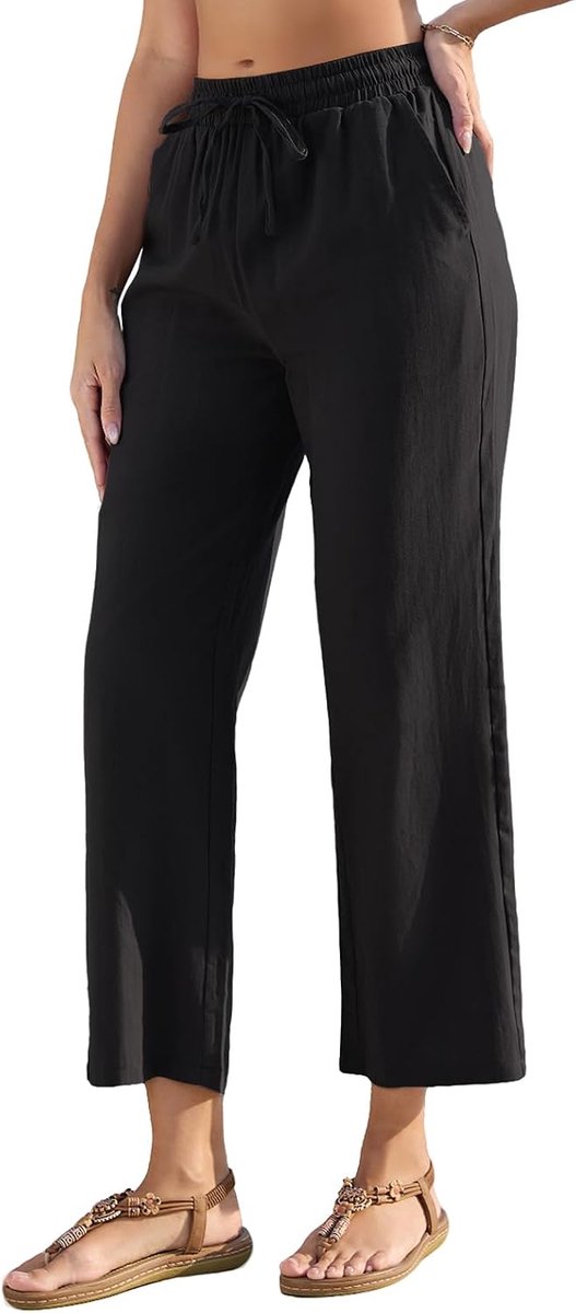 Zomerbroek voor dames, lichte linnen broek voor dames, wijde pijpen, hoge taille, stoffen broek met zakken, comfortabel, casual, losse palazzo broek