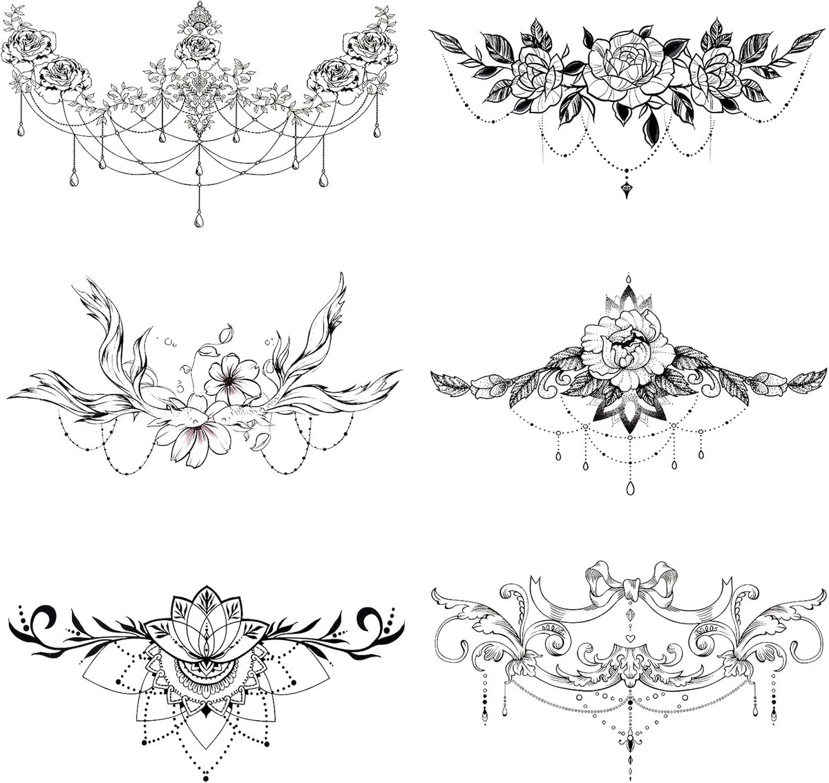 6 vellen neptatoeages, body tatoeagestickers voor vrouwen, borst, tatoeages, taille en rug, omkeerbare valse tatoeages, tijdelijke tatoeages voor opplakken, buik, borst, watervast, voor vrouwen