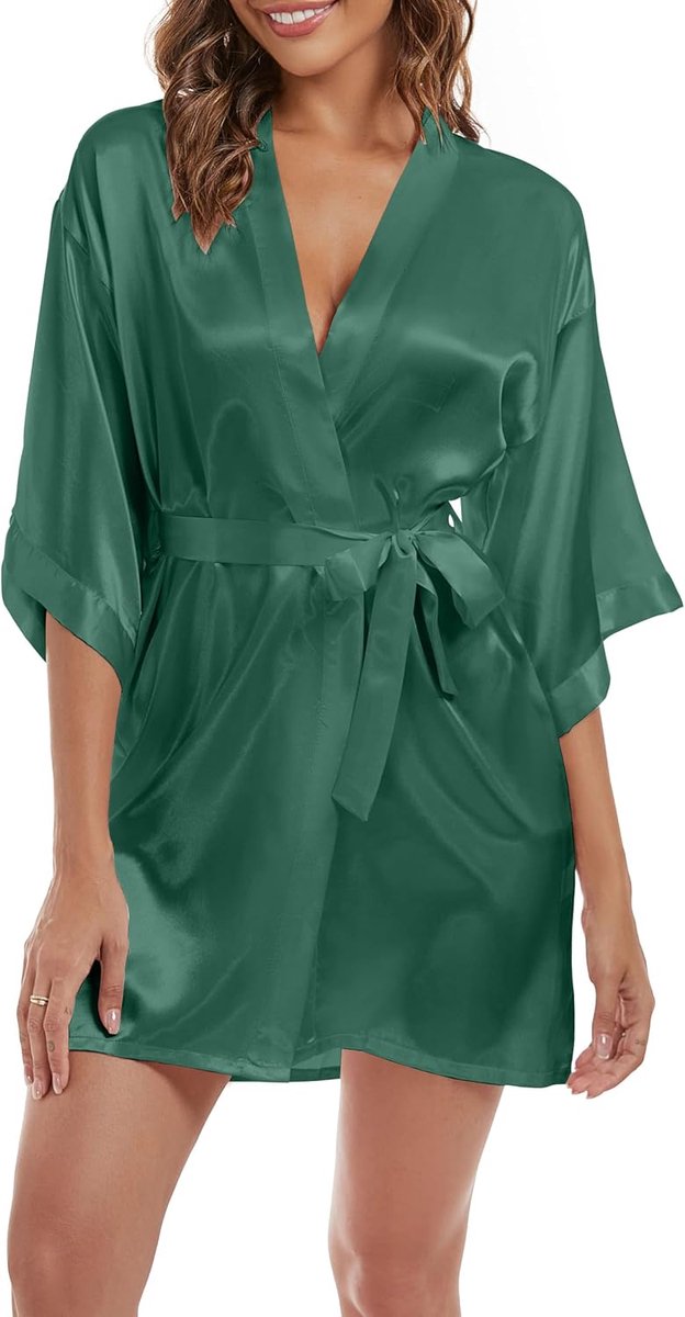 Badjas, kimono, robe voor dames, lichte ochtendjas, korte satijnen badjas met riem en riem