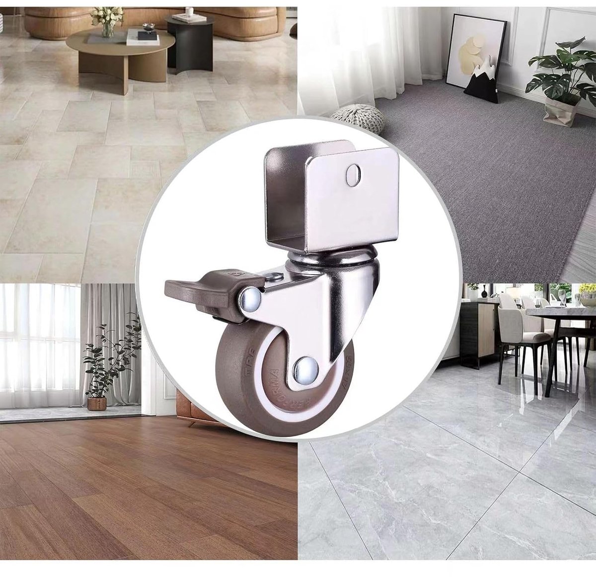 4 U-type beugel-meubelwielen 50 mm, stuk met rem zachte rubberen zwenkwielen, voor meubels, bloemenstandaard (20 mm, 2 universele + 2 remmen)