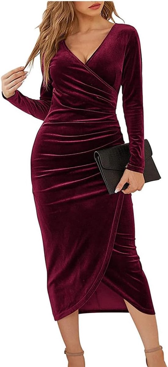 Fluwelen jurk voor dames, lange mouwen, V-hals, bodyconjurk, elegante avondjurk, vintage, party, cocktailjurk voor herfst en winter