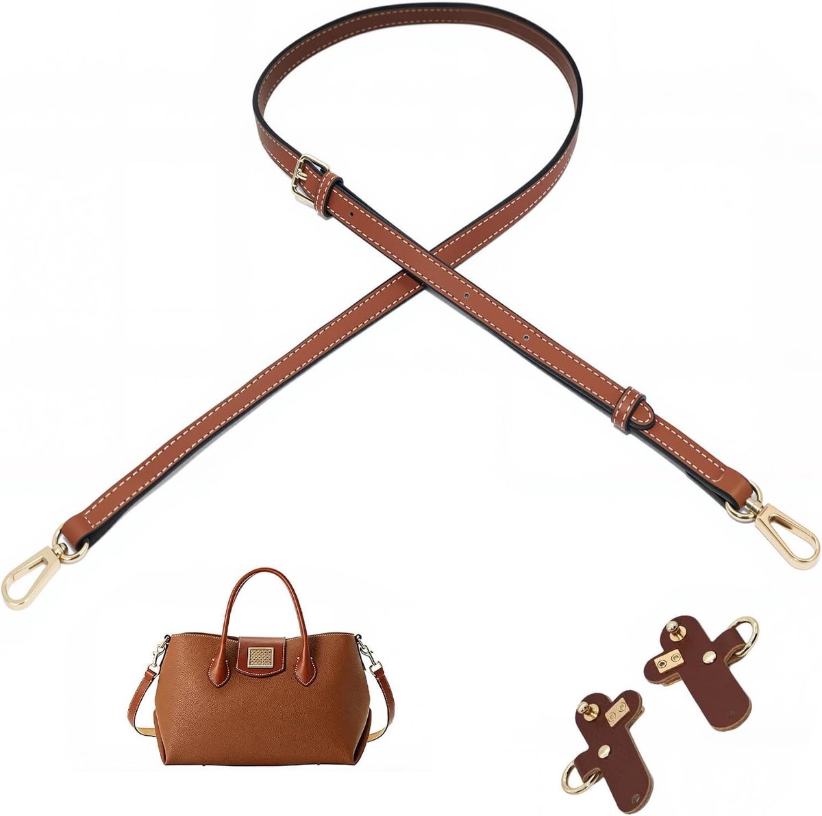 Schouderriem, 94-124 cm, verstelbare schouderriem voor dames, van leer, voor mini-rugzak, met draaibare metalen haak, breedte 1,2 cm, zonder boring, met 2 adapters
