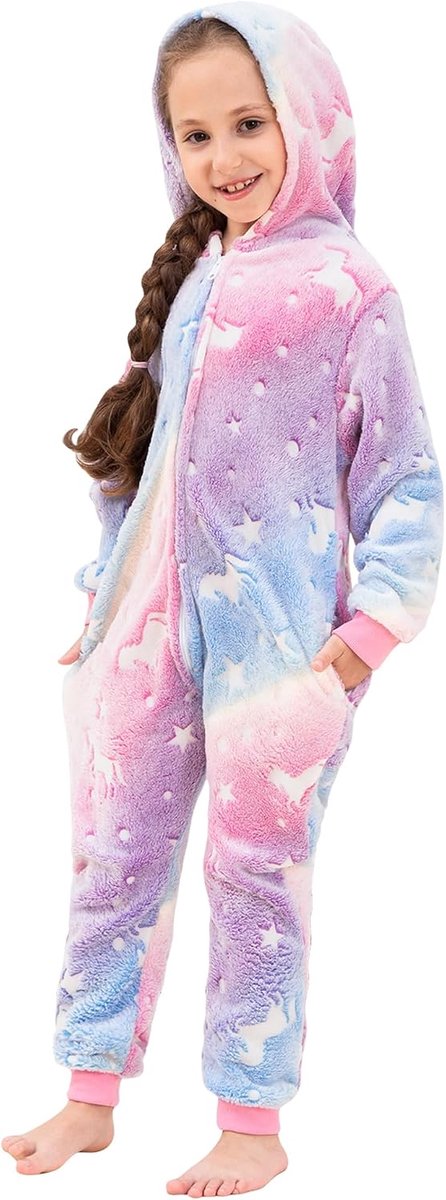 Onesie voor meisjes, regenboog, 2-10 jaar, in het donker, oplichtende fleece capuchonpak, zacht, wollig, warm, jumpsuit met ritssluiting en zakken, meisjes, cadeau, 7 kleuren