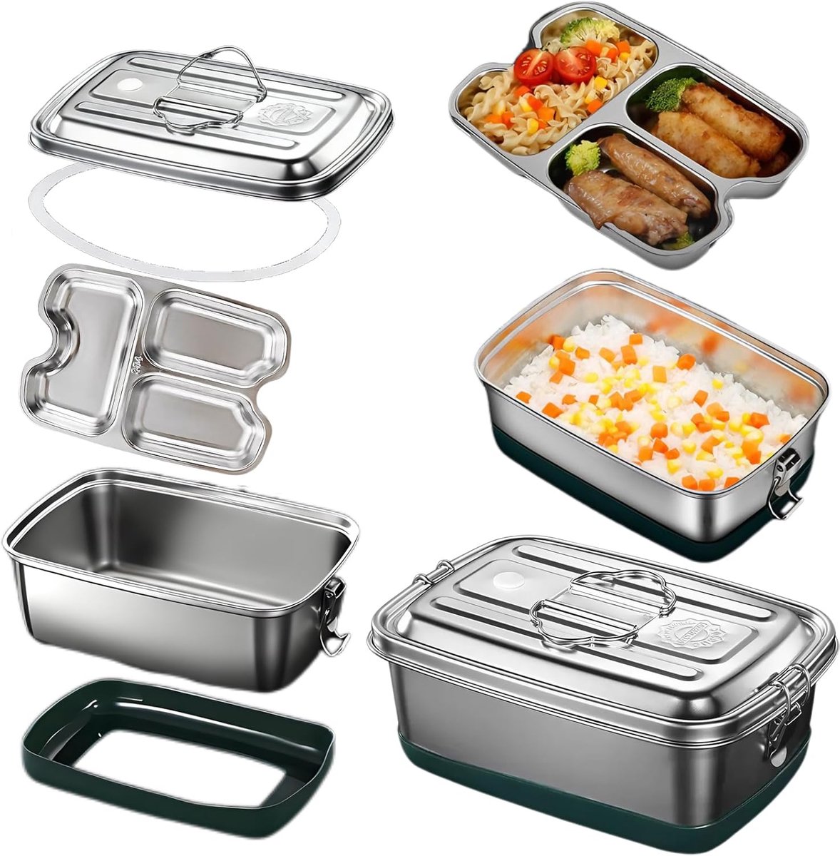 Roestvrijstalen lunchbox – 2000 ml dubbellaagse lunchbox met drie compartimenten – Lekvrije voedselbewaarcontainer van 304 roestvrij staal, geschikt voor werk en school – Inclusief geïsoleerde tas – Zilver