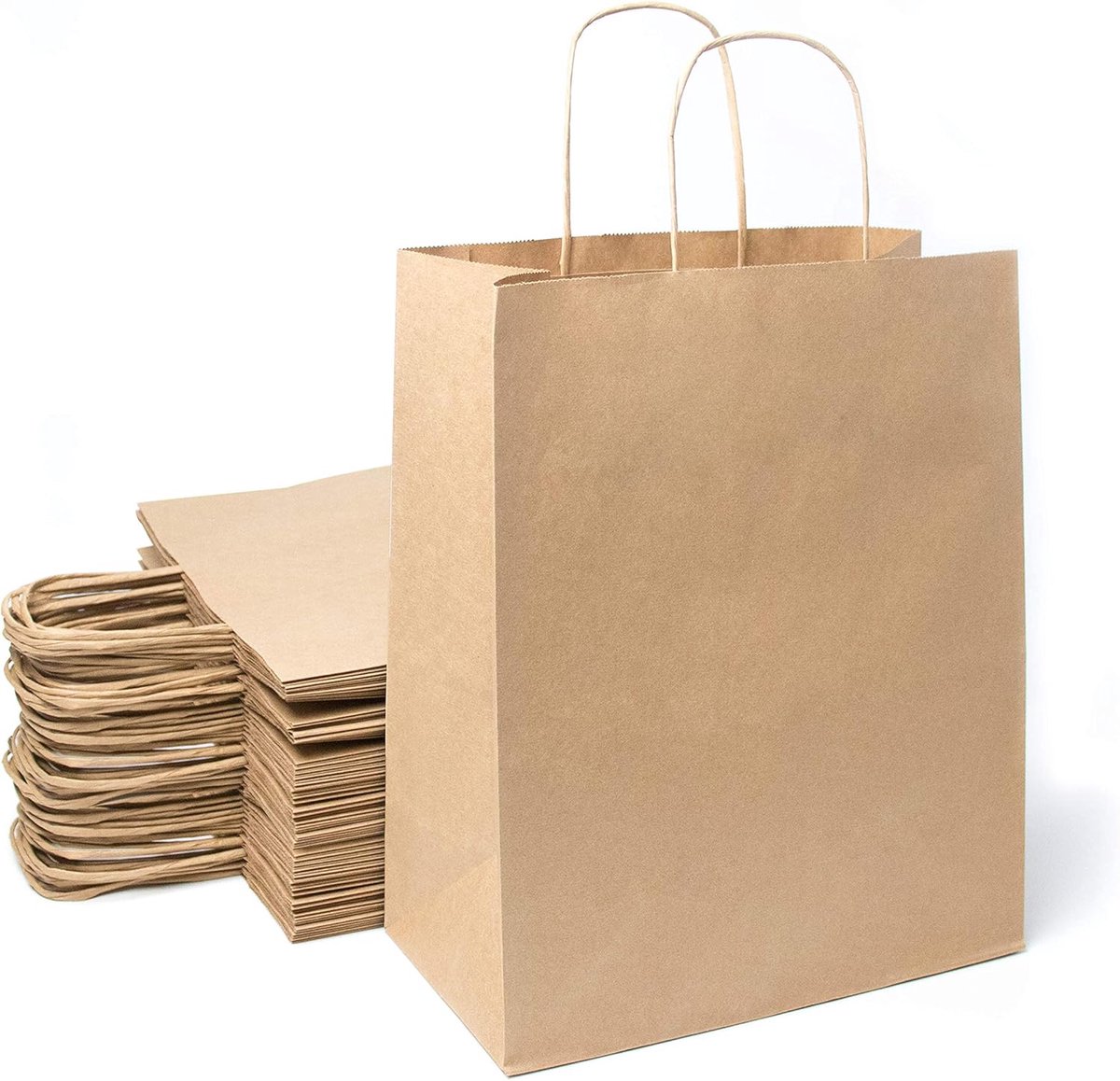 50 stuks bruine boodschappentassen van kraftpapier met handgrepen, 26 x 14 x 32 cm, boodschappentas/geschenkverpakking voor verjaardag, Kerstmis, bruiloft enz.