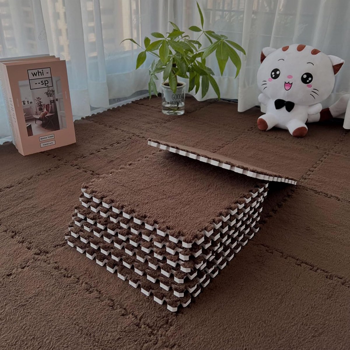 12 stuks in elkaar grijpende pluche schuimrubberen matten, 30 x 30 cm, voor woonkamer, slaapkamer, in elkaar te zetten schuimrubberen vloertegels om te spelen (koffiebruin, 30 cm x 30 cm x 1,25 cm)