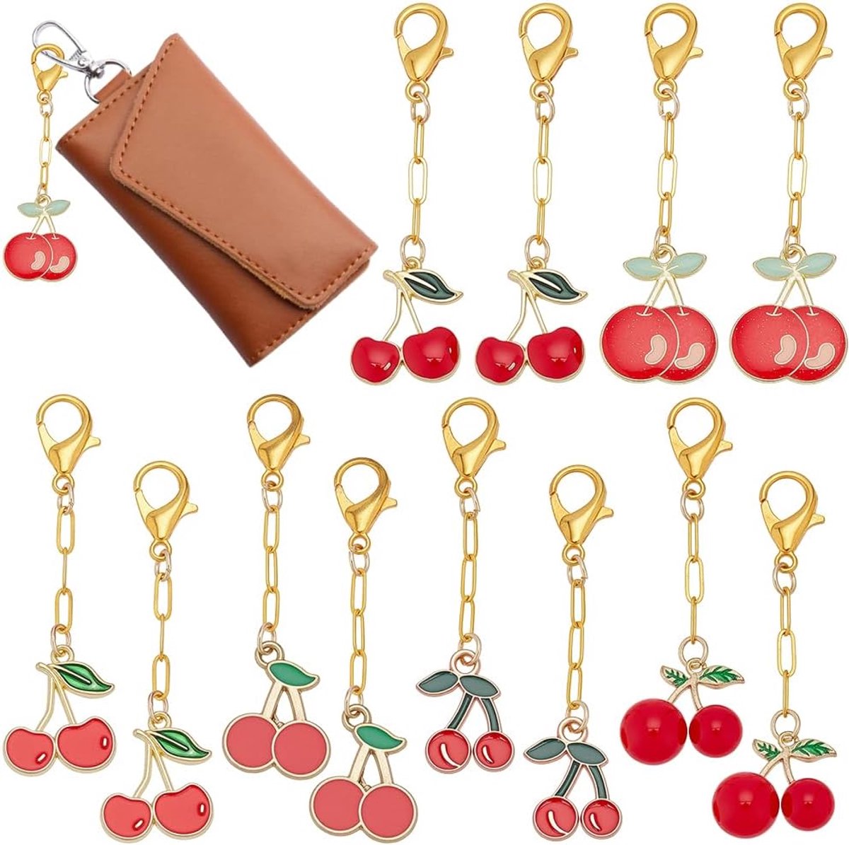 30 Stks 6 Stijlen Rode Kersen Tas Charms Sprankelende Portemonnee Charm Emaille Fruit Hanger Decoraties Legering Kreeft Klauw Sluitingen Leuke Kersen Accessoires voor Vrouwen Sleutelhanger