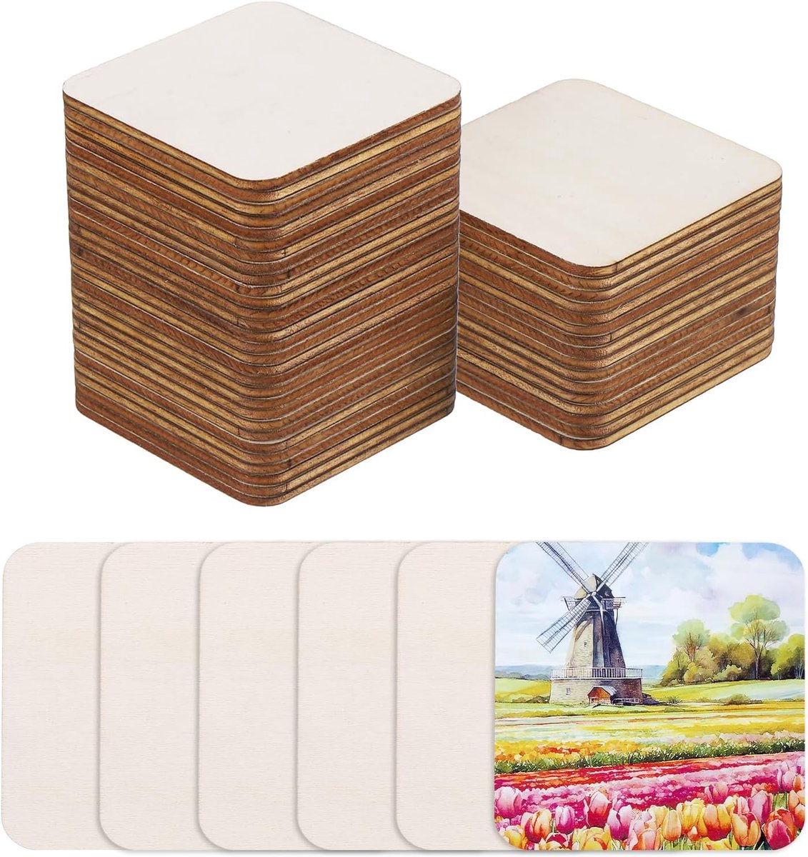 Hout om te knutselen, 100 stuks, 6 cm, afgeronde vierkante houten schijven, decoratie om te beschilderen, voor bruiloft, doe-het-zelf knutselen, brandschilderen, cadeau, kerstversiering