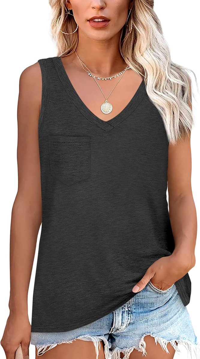 Mouwloos shirt dames basic zomer elastische tanktop met V-hals casual shirt met zak losse top comfortabele onderhemden