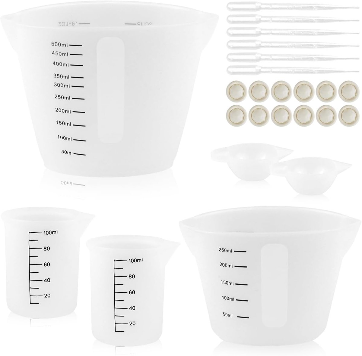 Maatbeker, epoxyharsset, 500 ml/250 ml/100 ml/100 ml, siliconen beker voor epoxyhars, maatbeker met schaal, pipetten, vingerringen voor gietvormen, sieraden maken