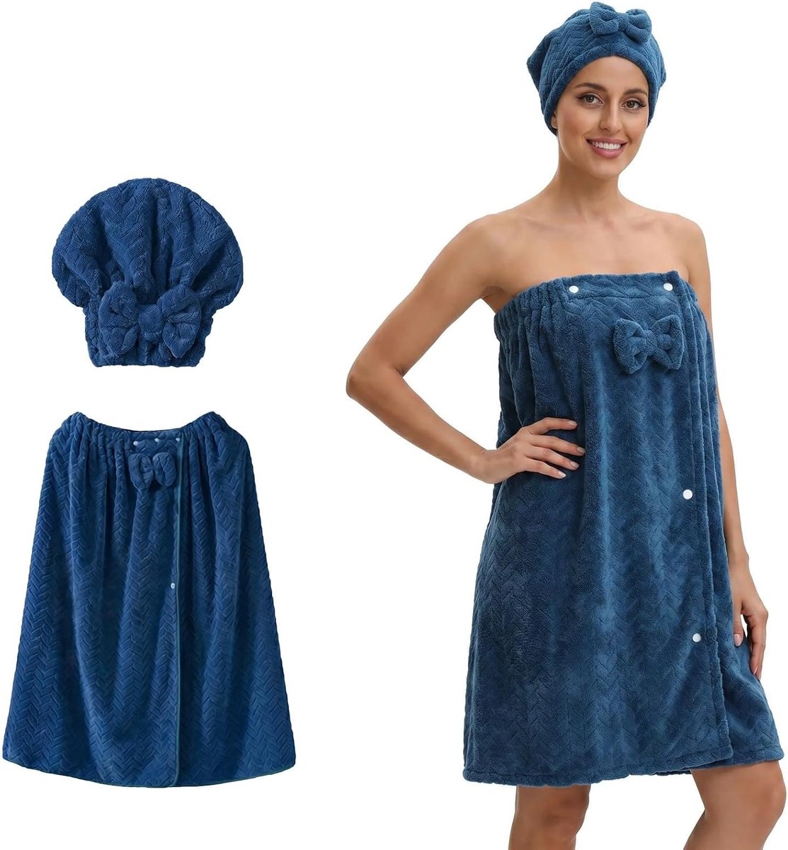 Wikkeldoek voor dames, saunajas, handdoek en kap, haardroger, comfortabel en verstelbaar, zacht en absorberend, geschikt voor zwemmen, spa en reizen (blauw, 80 x 160 cm)