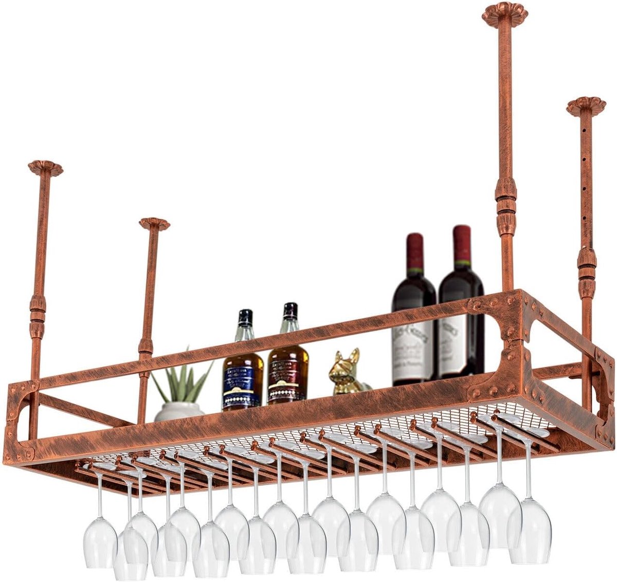 Wijnflessenhouder, retro, ijzeren decoratie, in hoogte verstelbaar, tot 50 kg, voor bar, café, keuken, brons (100 x 35 x 35-55 cm)