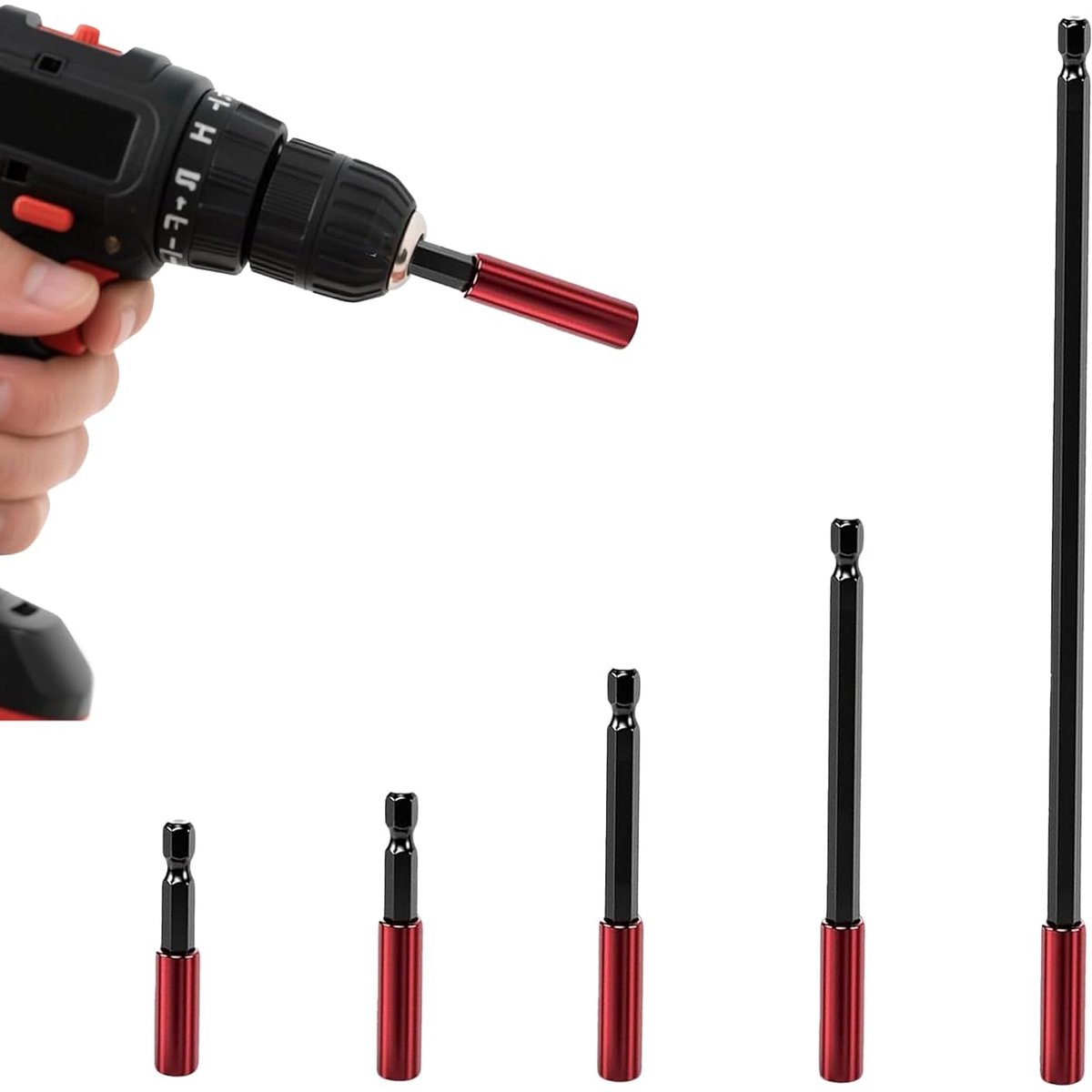5 stuks magnetische bithouder, 1/4 inch zeskantschacht, inclusief 50/60/100/150/300 mm bitverlengingen, robuust en duurzaam, voor boormachines en schroevendraaiers (rood)