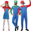 Drie personen in game loodgieterskostuums: vrouw in rood en blauw, twee mannen in groene en rode shirts met blauwe overalls en petten.