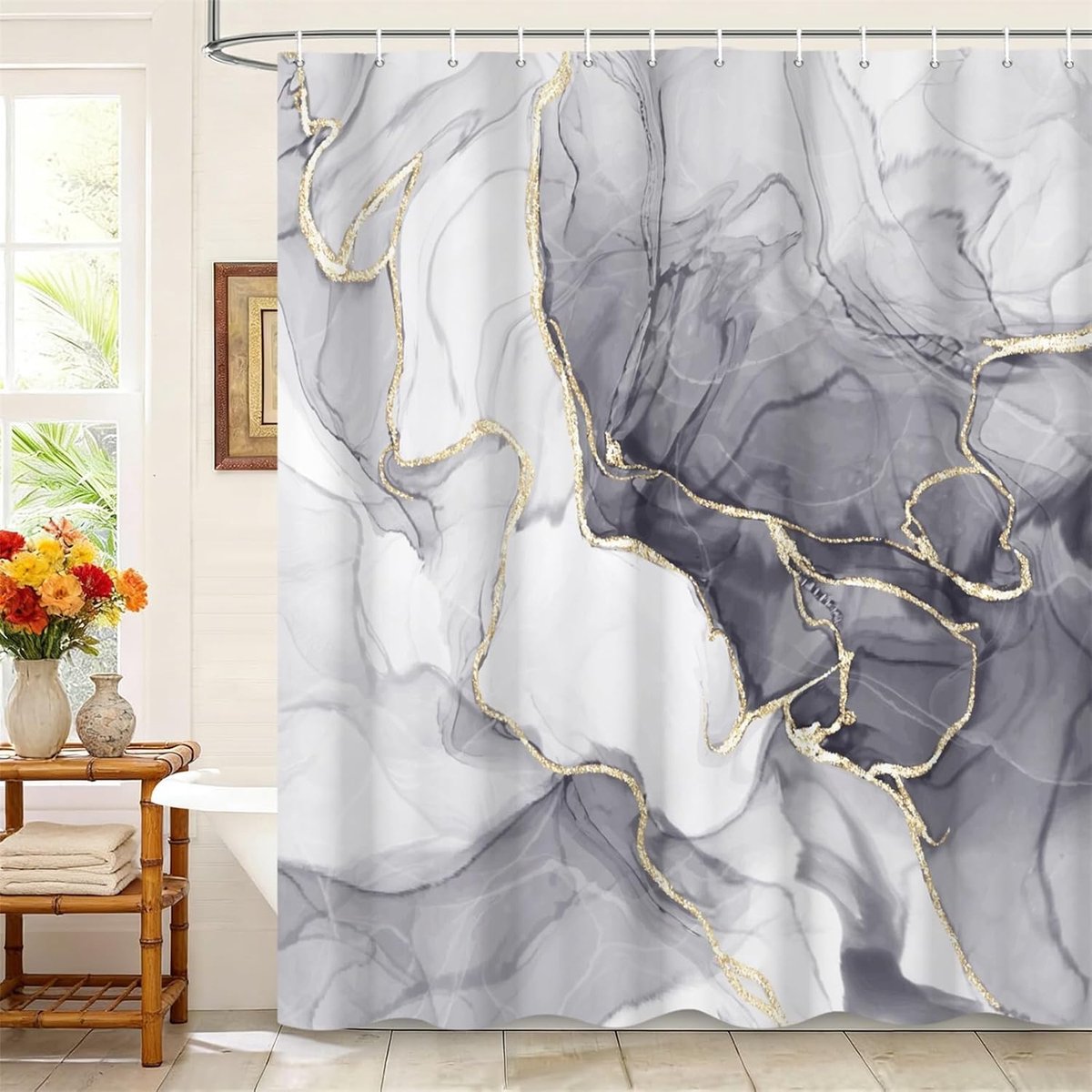 Douchegordijnen met plastic haken, waterdichte gesloten grijze marmeren textuur gouden curve lijnen stromende rook kunstpatroon voor bad, polyester stof voor badkamer bad