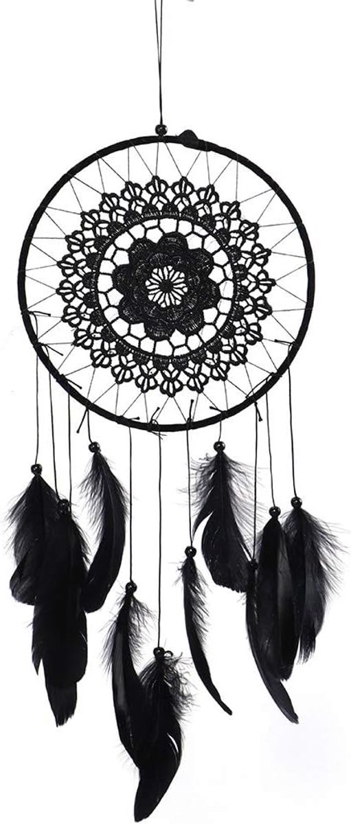 Zwart, handgemaakte kanten dromenvanger, boho-wanddecoratie | Veer slinger, hangdecoratie, voor bruiloft, slaapkamer, feest, boho-stijl, kanten detail
