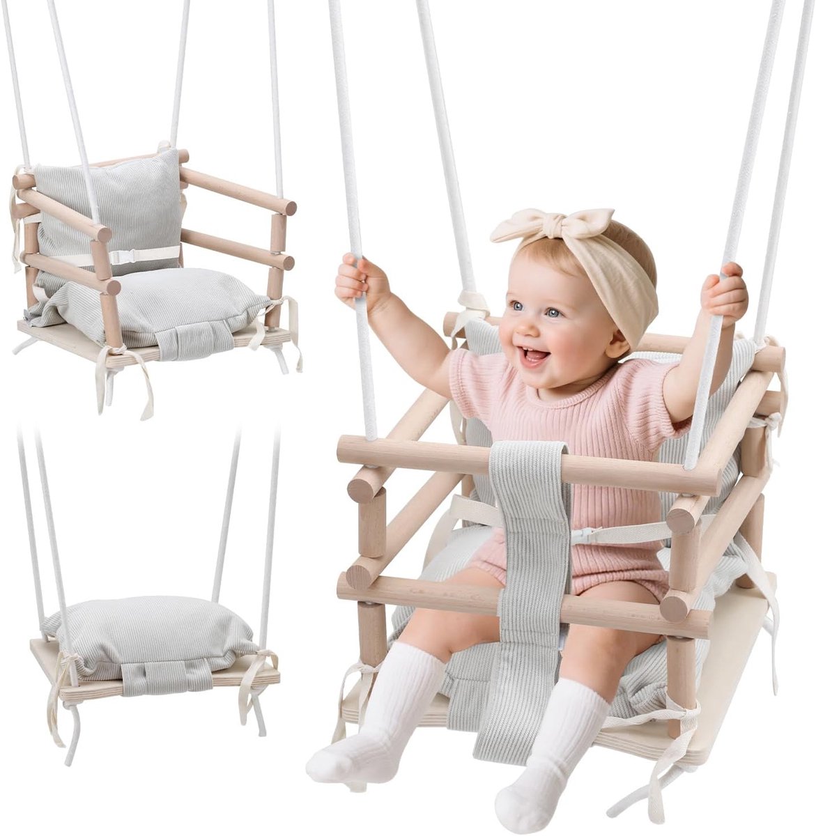 Babyschommel voor binnen en buiten, 3-in-1 van hout, in hoogte verstelbare schommelstoel met beige bekleding, voor tuin, deurkozijn, kinderkamer, draagkracht 50 kg, vanaf 12 maanden