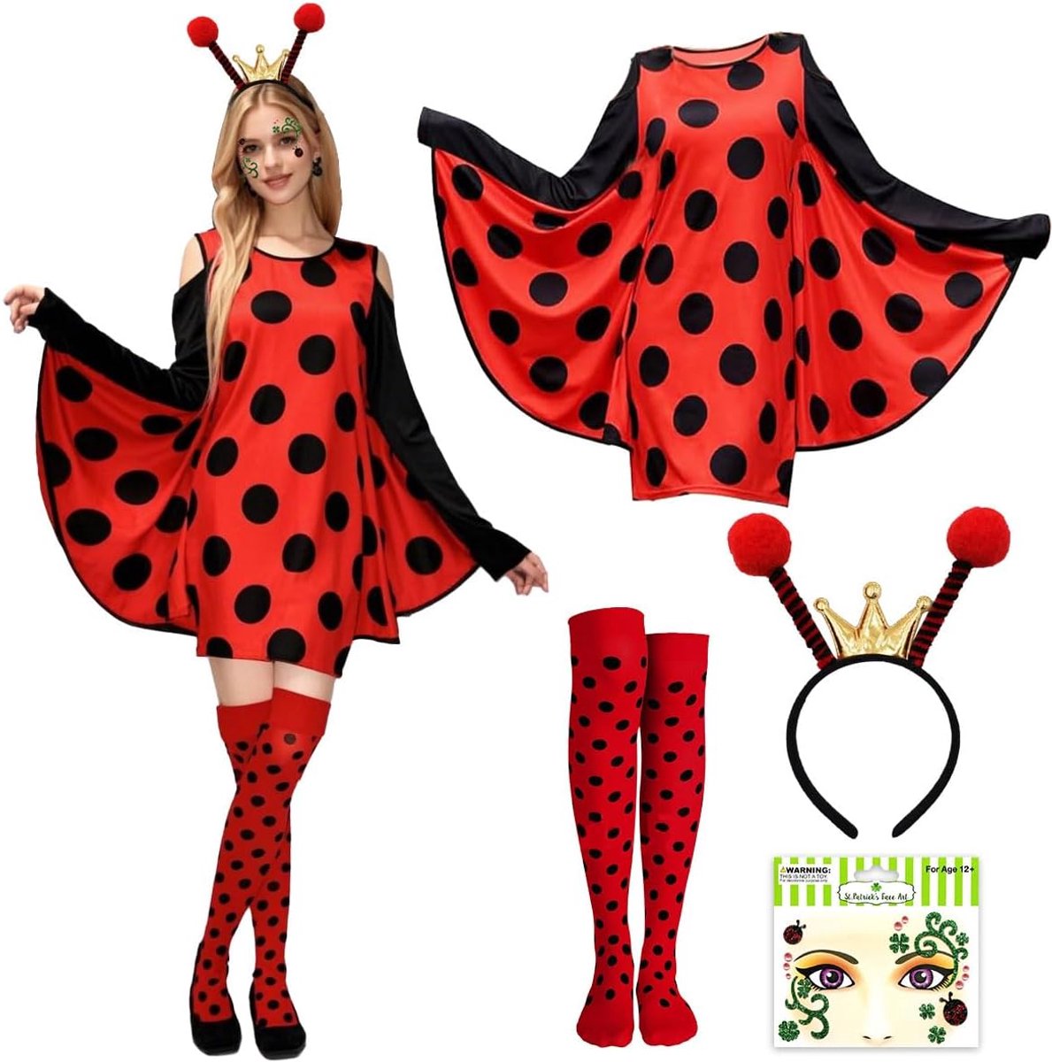 Bijenkostuum voor volwassenen, bijenkostuum voor dames, dierbijenkostuum met bijen, haarband, kniekousen, gezichtssticker voor carnaval, Halloween, cosplay, feest