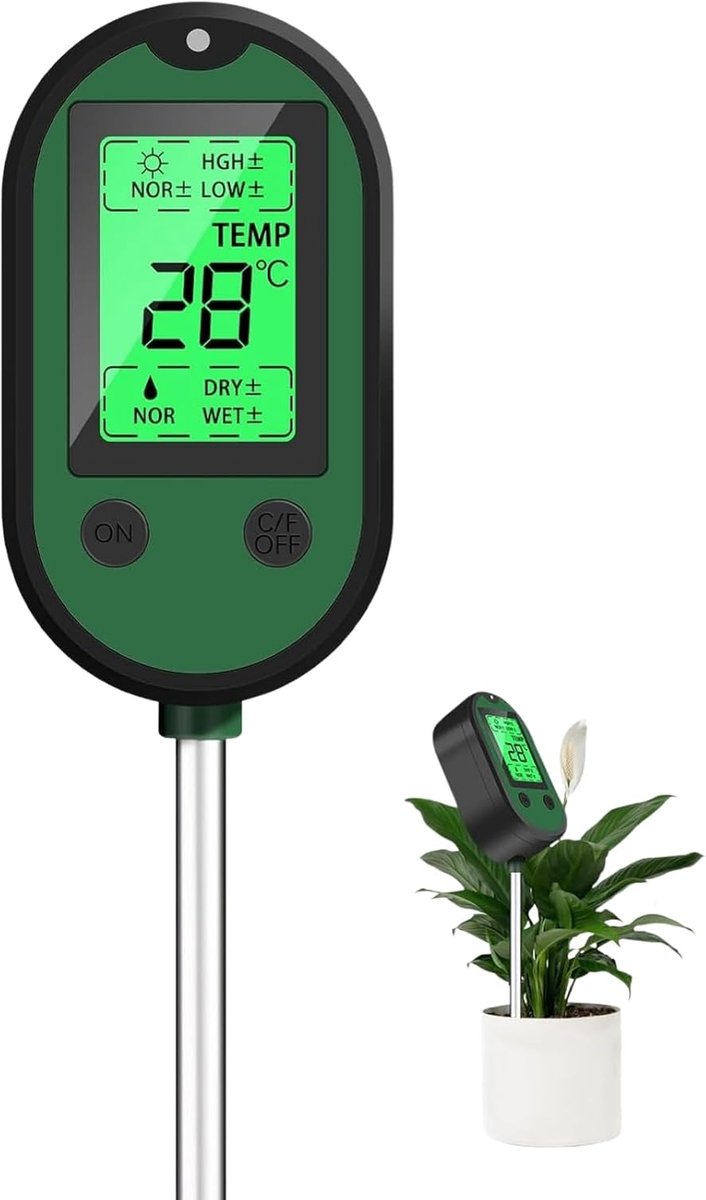 5-in-1 bodemvochtigheidsmeter voor binnen en buiten; meet vocht, licht, pH-waarde, temperatuur en lichtintensiteit; draagbare plantentestset voor kamerplanten en tuin.