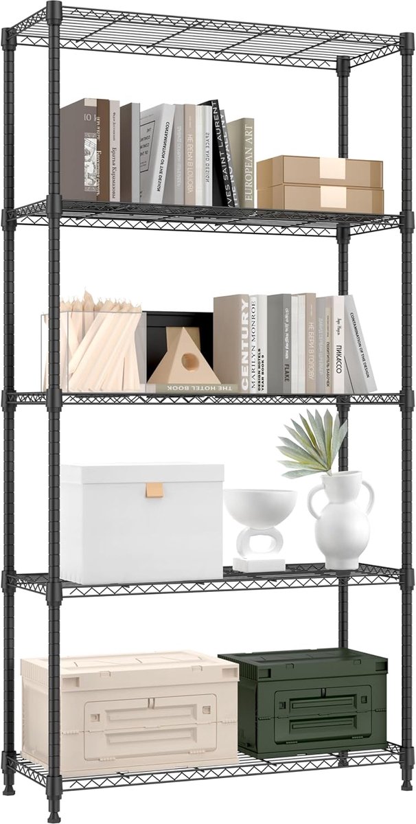 Metalen Stellingkast met Verstelbare Planken, 5-Laags Opbergrek voor Garage, Berging, Wasruimte en Keuken, Vrijstaand Draadrek, 35×90×174 cm, Draagvermogen tot 567,5 kg,Zwart