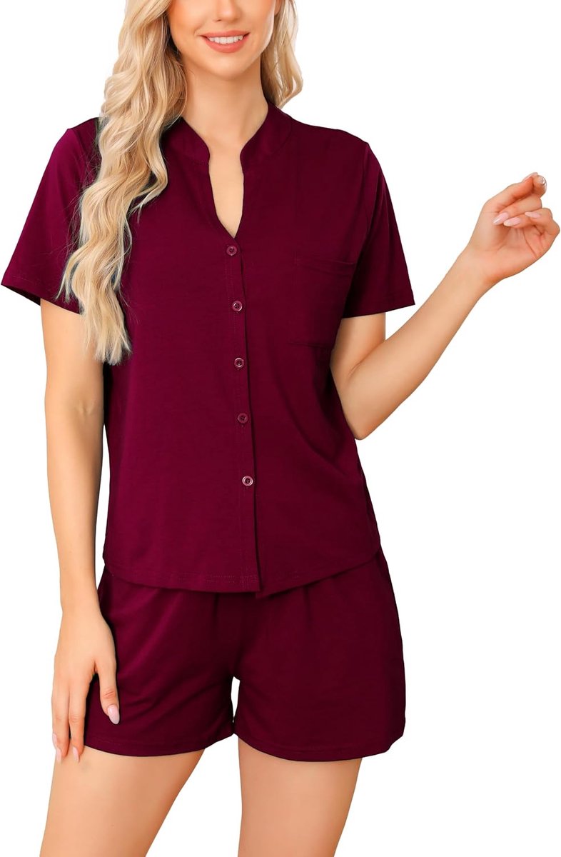 Pyjama's voor Dames Modaal Pjs Sets Geplooid Zacht Loungeset Korte Mouw Shirt en Korte Broek voor Lounge Slaapkleding